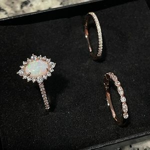 Gorgeous Victorian Style 3 Piece Ring Set Rose Gold Opal and CZ
